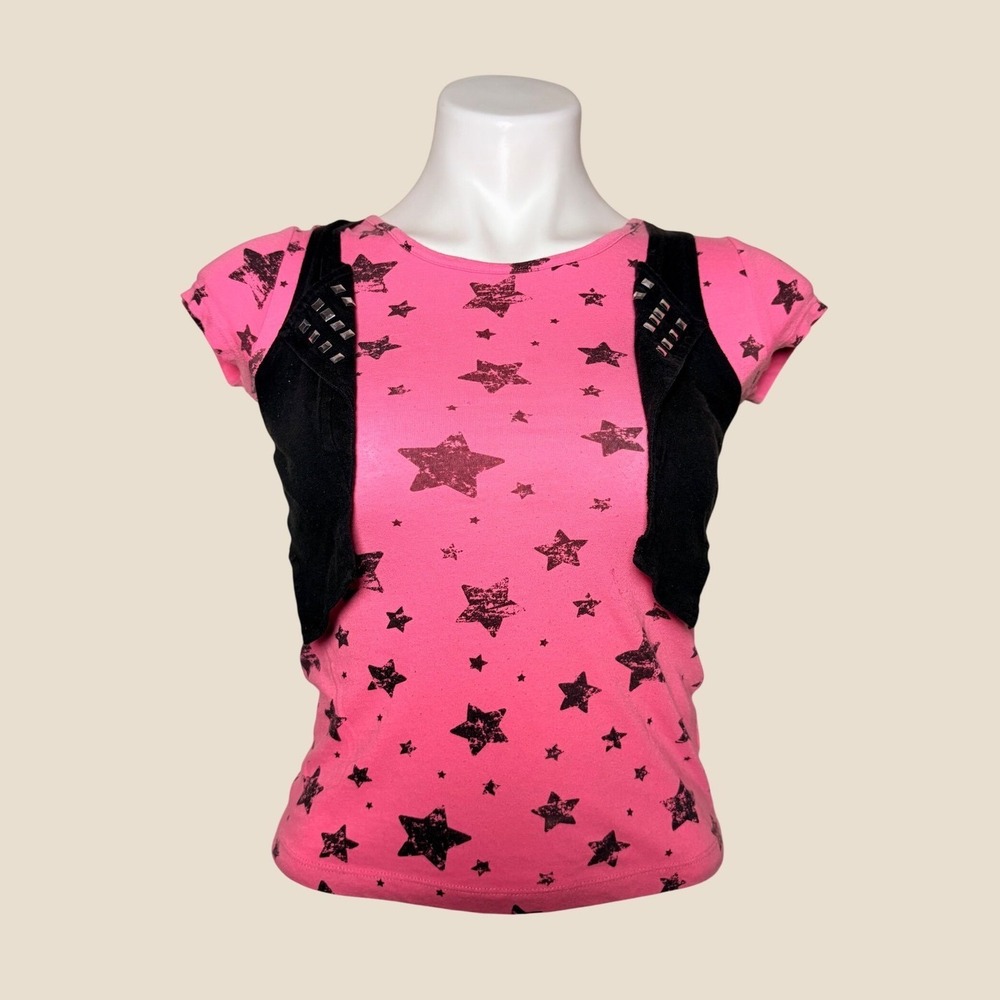 Y2K Green Soda Scene Pink & Black Star Studded Faux Vest Top Girls  #16